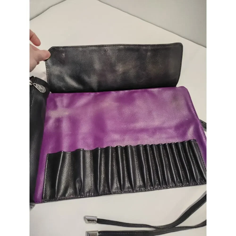 Younique Makeup Brush Case Roll Up Bag Zipper Pouch & Tie-15 slots Black Purple